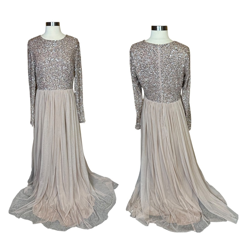 Maya Deluxe Formal Sequin Embellished Long Sleeve Tulle Skirt Prom Gown Dress 10